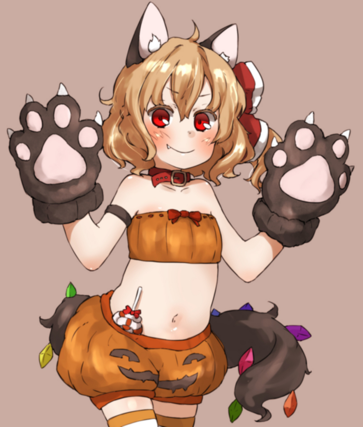 1girl amonitto animal_ears bare_shoulders blonde_hair bow candy collar fang flandre_scarlet gloves hair_bow halloween halloween_costume jack-o'-lantern lollipop midriff navel paw_gloves pumpkin_shorts red_eyes side_ponytail smile solo striped striped_legwear tail thigh-highs touhou tubetop wolf_ears wolf_tail