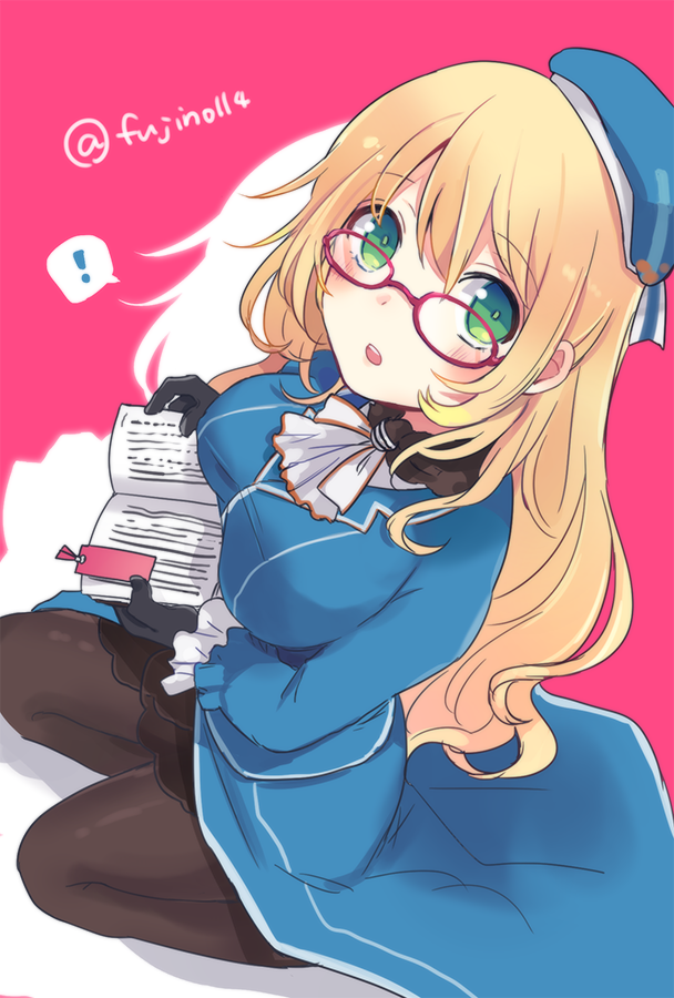 ! 1girl atago_(kantai_collection) bespectacled black_gloves blonde_hair book bookmark breasts fujino_(unajisaiko) glasses gloves green_eyes hat kantai_collection large_breasts long_hair long_sleeves looking_at_viewer military military_uniform open_mouth pantyhose speech_bubble twitter_username uniform