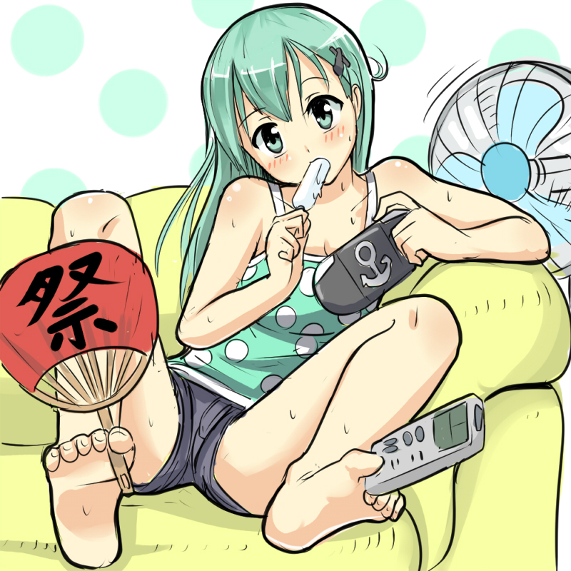 1girl anchor_symbol bare_legs bare_shoulders barefoot blush camisole casual controller couch denim denim_shorts electric_fan fan foot_hold green_eyes green_hair hair_ornament hairclip handheld_game_console head_tilt hot kantai_collection knees_up long_hair paper_fan polka_dot popsicle remote_control seraphwia shorts sitting solo spread_legs suzuya_(kantai_collection) sweat