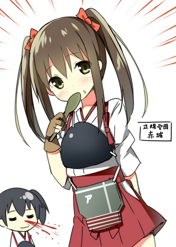 2girls akagi_(kantai_collection) blood blush character_request kaga_(kantai_collection) kantai_collection long_hair multiple_girls nosebleed short_hair simple_background sky_(freedom) translation_request white_background