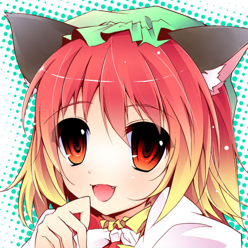 1girl :d animal_ears cat_ears chen close-up fangs looking_at_viewer lowres mob_cap nanamomo_rio open_mouth orange_eyes orange_hair short_hair smile solo touhou