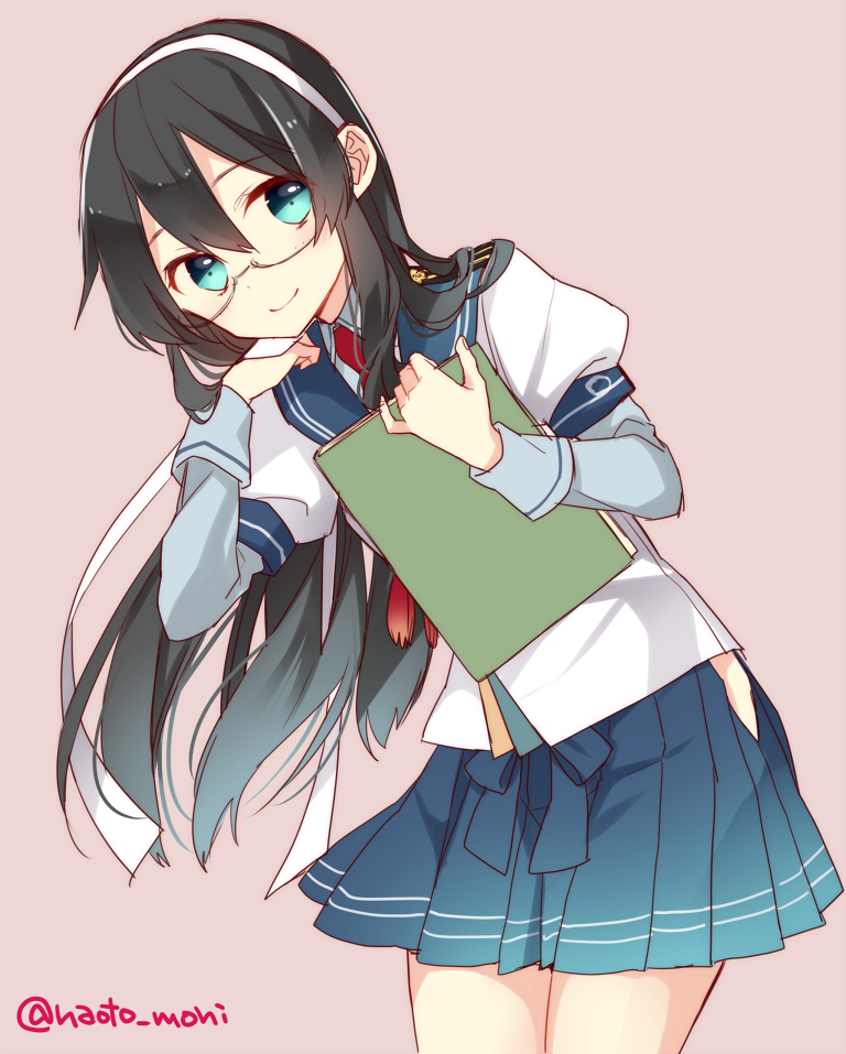 1girl black_hair blue_eyes book glasses hair_between_eyes hairband kantai_collection long_hair long_sleeves looking_at_viewer naoto_(tulip) neckerchief necktie ooyodo_(kantai_collection) pleated_skirt purple_background school_uniform serafuku side_slit sketch skirt twitter_username