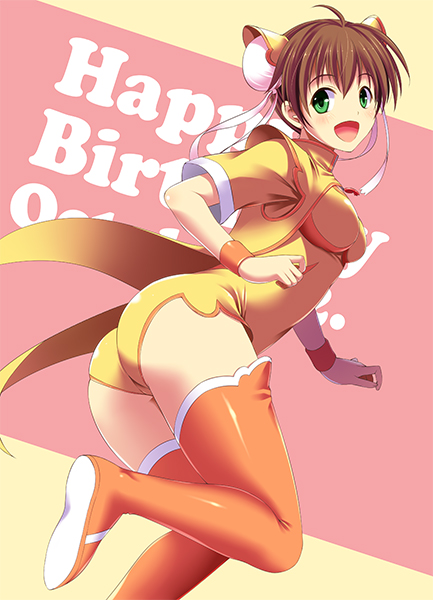 1girl ass birthday boots breasts brown_hair bun_cover digdug006 double_bun green_eyes kanamori_reiko leotard looking_at_viewer open_mouth orange_legwear short_hair smile solo thigh-highs thigh_boots wrestle_angels wrestle_angels_survivor wrestling_outfit