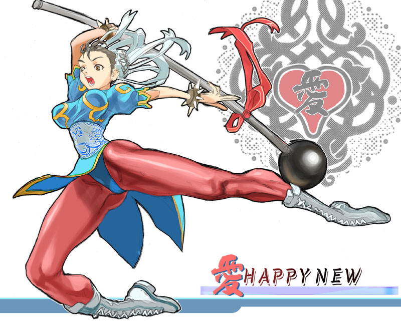 1girl boots bracelet breasts brown_eyes brown_hair bun_cover china_dress chinese_clothes chun-li cross-laced_footwear double_bun happy_new_year hayakawa_sonchou jewelry lace-up_boots new_year pantyhose polearm sash short_hair slender_waist solo spiked_bracelet spikes street_fighter weapon