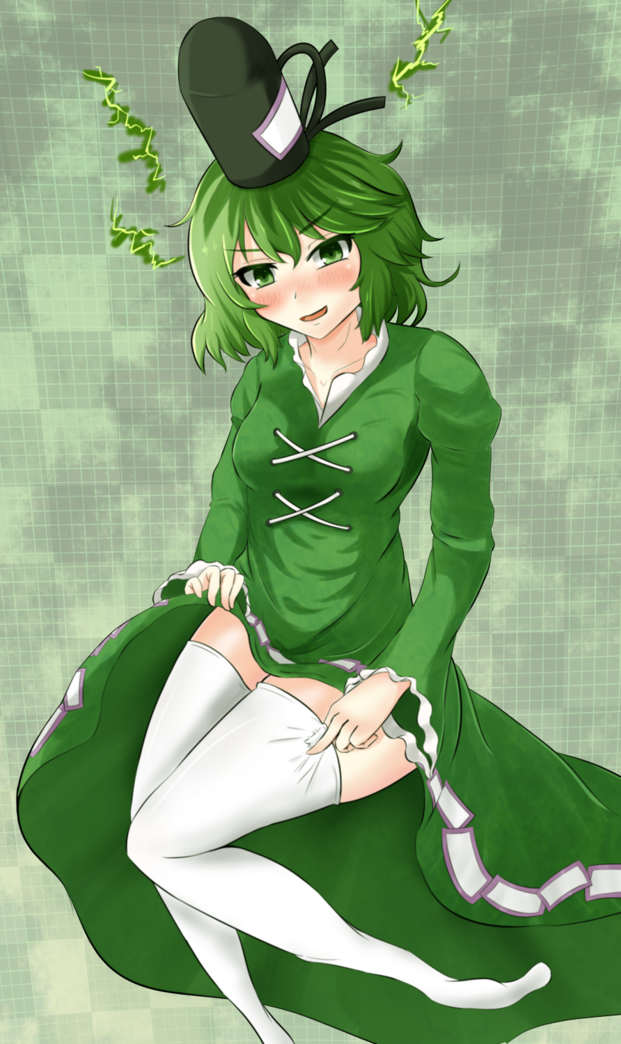 1girl amputee blush breasts checkered checkered_background collarbone double_amputee dress dress_lift electricity green_background green_dress green_eyes green_hair hat highres long_sleeves migi_ma_hidari open_mouth short_hair soga_no_tojiko solo tate_eboshi thigh-highs thighhighs_pull touhou white_legwear