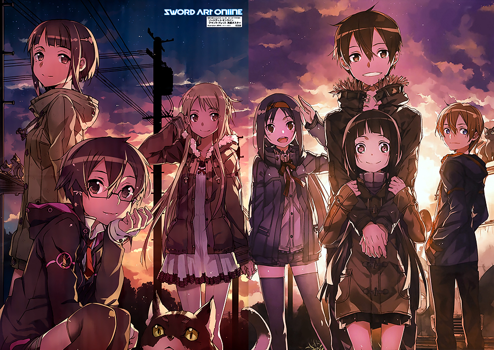 2boys 5girls :d abec asada_shino asuna_(sao) black_eyes black_hair black_legwear blue_eyes brown_hair cat chin_rest coat dress eugeo female from_behind fur_trim glasses grin hair_between_eyes hair_tucking hairband half_updo hands_in_pockets holding_hands hoodie hug hug_from_behind interlocked_fingers jacket kirito long_hair looking_at_viewer looking_back male mole multiple_boys multiple_girls necktie open_mouth pantyhose payot pleated_skirt purple_hair red_eyes sachi_(sao) scan semi-rimless_glasses short_hair short_shorts shorts skirt smile squatting sunset sword_art_online thigh-highs turtleneck under-rim_glasses white_dress white_legwear yui_(sao) yuuki_(sao) yuuki_asuna