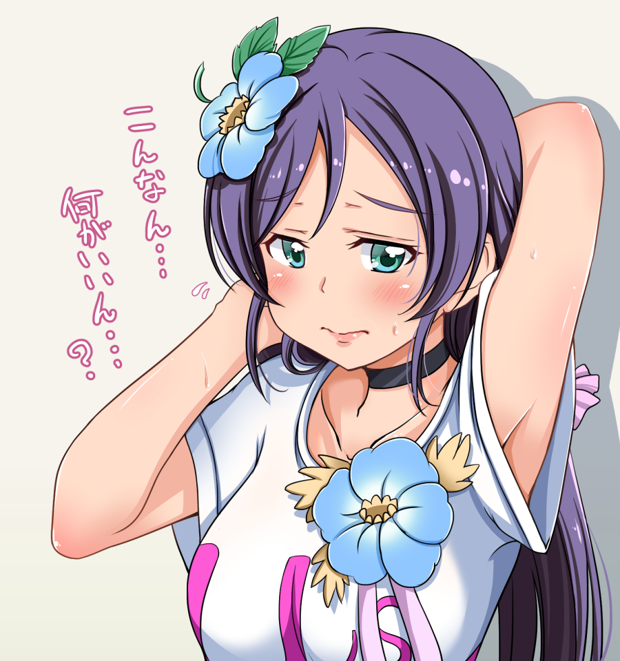 1girl adjusting_hair arm_up armpits blush green_eyes hoshino_ouka long_hair looking_at_viewer love_live!_school_idol_project purple_hair solo sweatdrop toujou_nozomi translation_request twintails