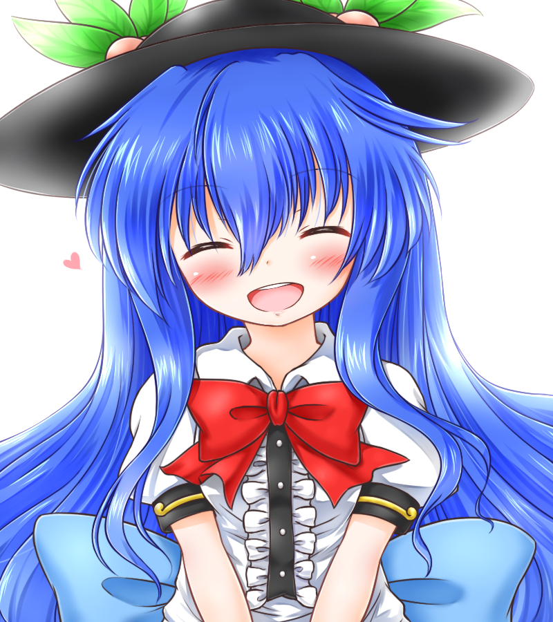 1girl ^_^ blue_hair blush close-up closed_eyes eyebrows_visible_through_hair eyes_closed hat hinanawi_tenshi long_hair looking_at_viewer mofu_mofu open_mouth red_bow simple_background smile solo touhou v_arms white_background