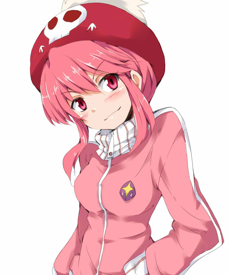 1girl blush chata_maru_(irori_sabou) hat jakuzure_nonon kill_la_kill looking_at_viewer pink_eyes pink_hair simple_background smile solo white_background