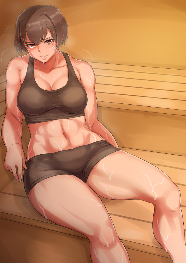 1girl abs bifidus breasts brown_hair hyuuga_(kantai_collection) kantai_collection looking_at_viewer muscle sauna short_hair shorts sitting solo sports_bra sweat