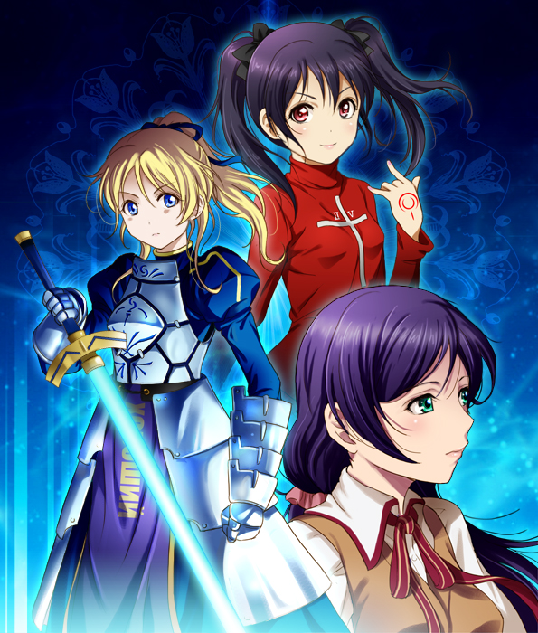 3girls aqua_eyes armor ayase_eli black_hair blonde_hair blue_eyes bow breastplate command_spell cosplay excalibur fate/stay_night fate_(series) faulds gauntlets hair_bow long_hair looking_at_viewer looking_away love_live!_school_idol_project matou_sakura matou_sakura_(cosplay) multiple_girls ponytail purple_hair saber saber_(cosplay) shian_(my_lonly_life.) short_hair toosaka_rin toosaka_rin_(cosplay) toujou_nozomi yazawa_nico