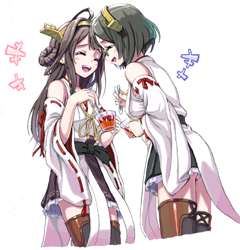 2girls ahoge black_hair brown_hair closed_eyes cup detached_sleeves double_bun gelatin glasses hairband kantai_collection kirishima_(kantai_collection) kongou_(kantai_collection) laughing long_hair multiple_girls nontraditional_miko open_mouth saitou_teikoku short_hair skirt spoon thigh-highs