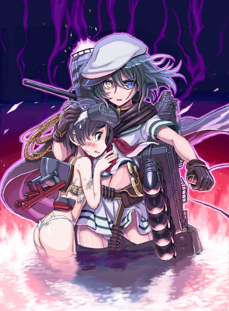 2girls angry ass belt black_hair blue_eyes blush cannon crying crying_with_eyes_open eyepatch eyepatch_removed gloves goggles goggles_on_head green_hair grey_eyes hand_on_another's_head heterochromia highres kantai_collection kiso_(kantai_collection) machinery maru-yu_(kantai_collection) multiple_girls saitou_teikoku school_uniform serafuku sheath sheathed short_hair skirt swimsuit sword tassel tears thigh-highs torn_clothes torn_swimsuit turret weapon yellow_eyes