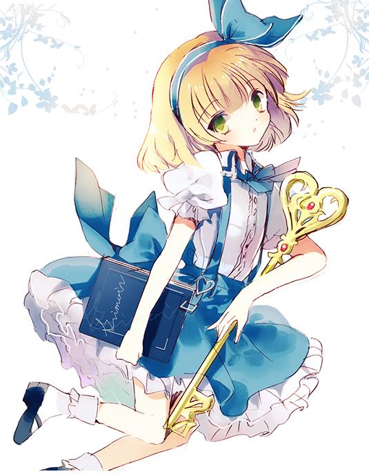 1girl alice_margatroid alice_margatroid_(pc-98) blonde_hair book bow cierra_(ra-bit) floral_background frilled_skirt frills green_eyes hairband key looking_at_viewer mary_janes open_mouth puffy_sleeves shirt shoes short_hair short_sleeves simple_background skirt socks touhou touhou_(pc-98) vest white_background white_legwear