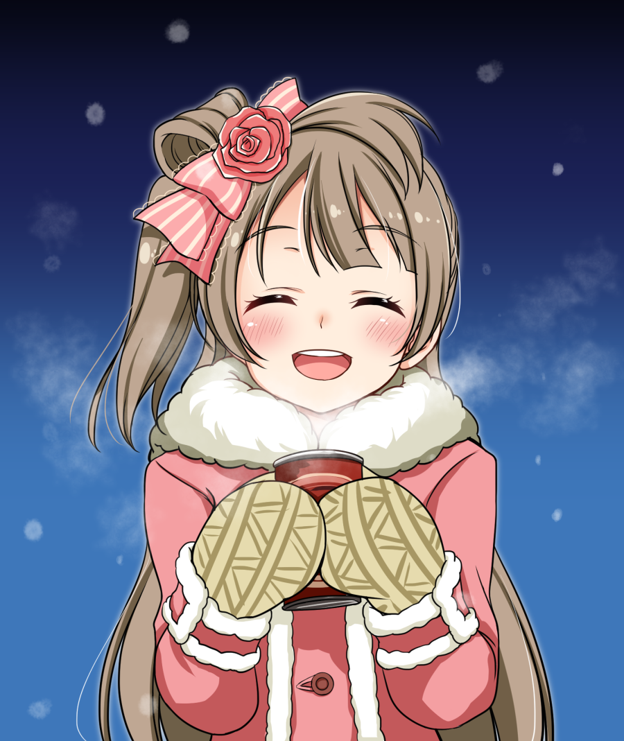 1girl blush bow brown_hair can closed_eyes coat hair_bow hoshino_ouka long_hair love_live!_school_idol_project minami_kotori mittens open_mouth side_ponytail smile solo steam