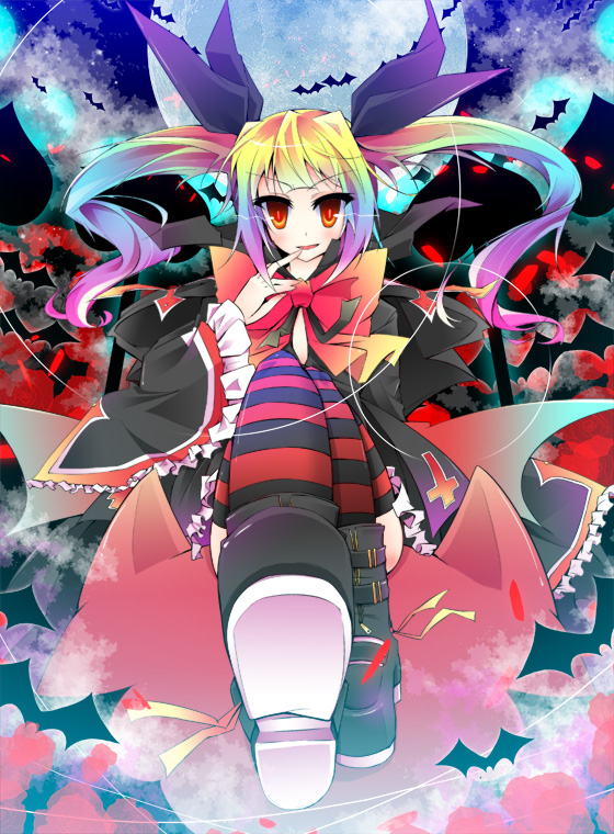 1girl bat blazblue from_below full_moon gradient_hair hair_ribbon long_hair looking_at_viewer looking_down moon multicolored_hair nago nanamomo_rio orange_eyes rachel_alucard ribbon shoes sitting striped striped_legwear twintails