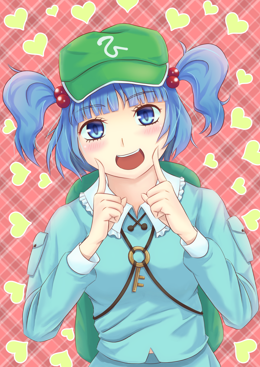 1girl :d backpack bag blue_eyes blue_hair blush bust dress finger_to_cheek hat heart highres kawashiro_nitori key long_sleeves looking_at_viewer open_mouth pocket sakatsu_katao short_hair skirt skirt_set smile solo touhou twintails