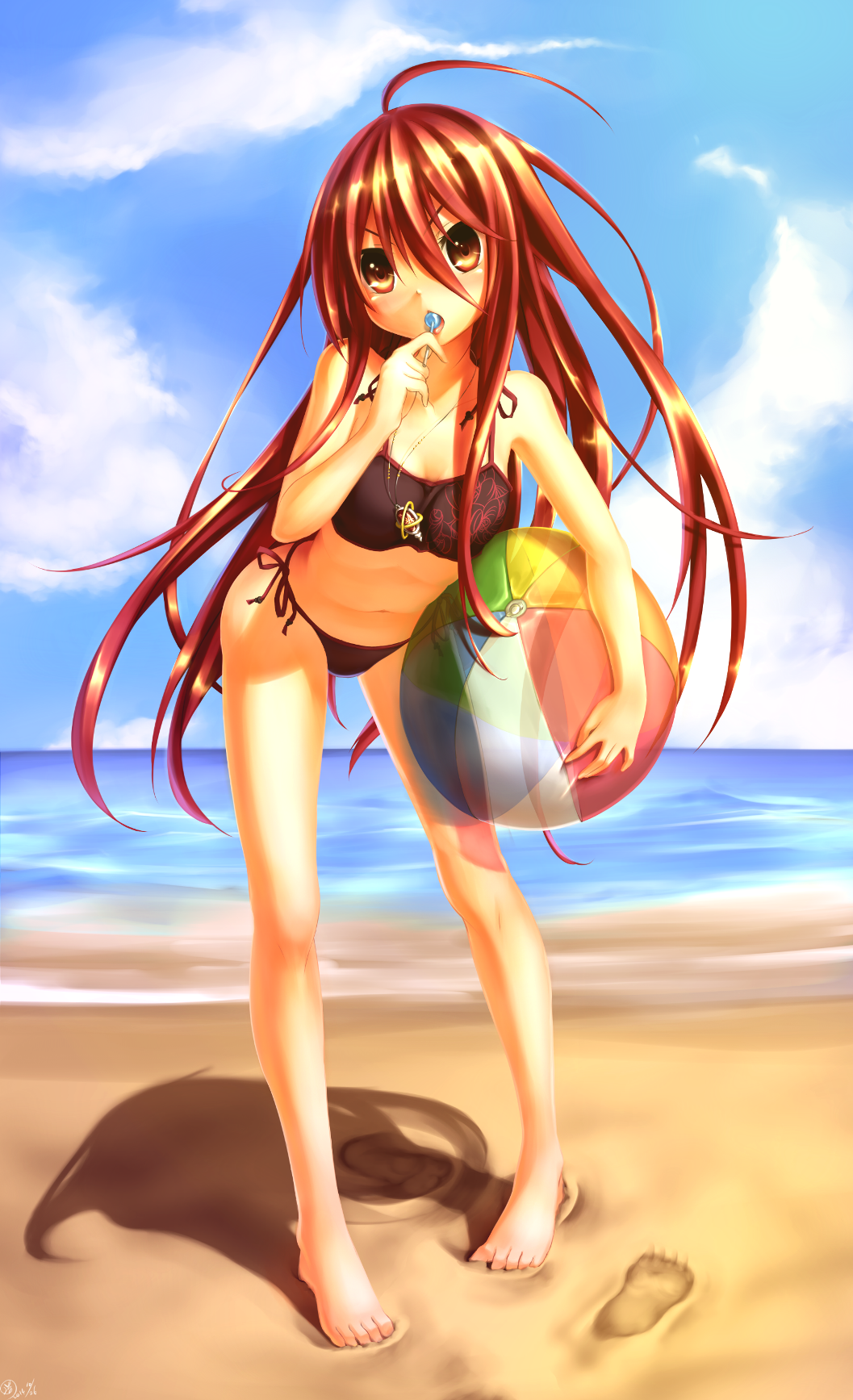 1girl ball beach beachball bikini candy gundam00uc highres jewelry lollipop long_hair pendant red_eyes redhead shakugan_no_shana shana swimsuit