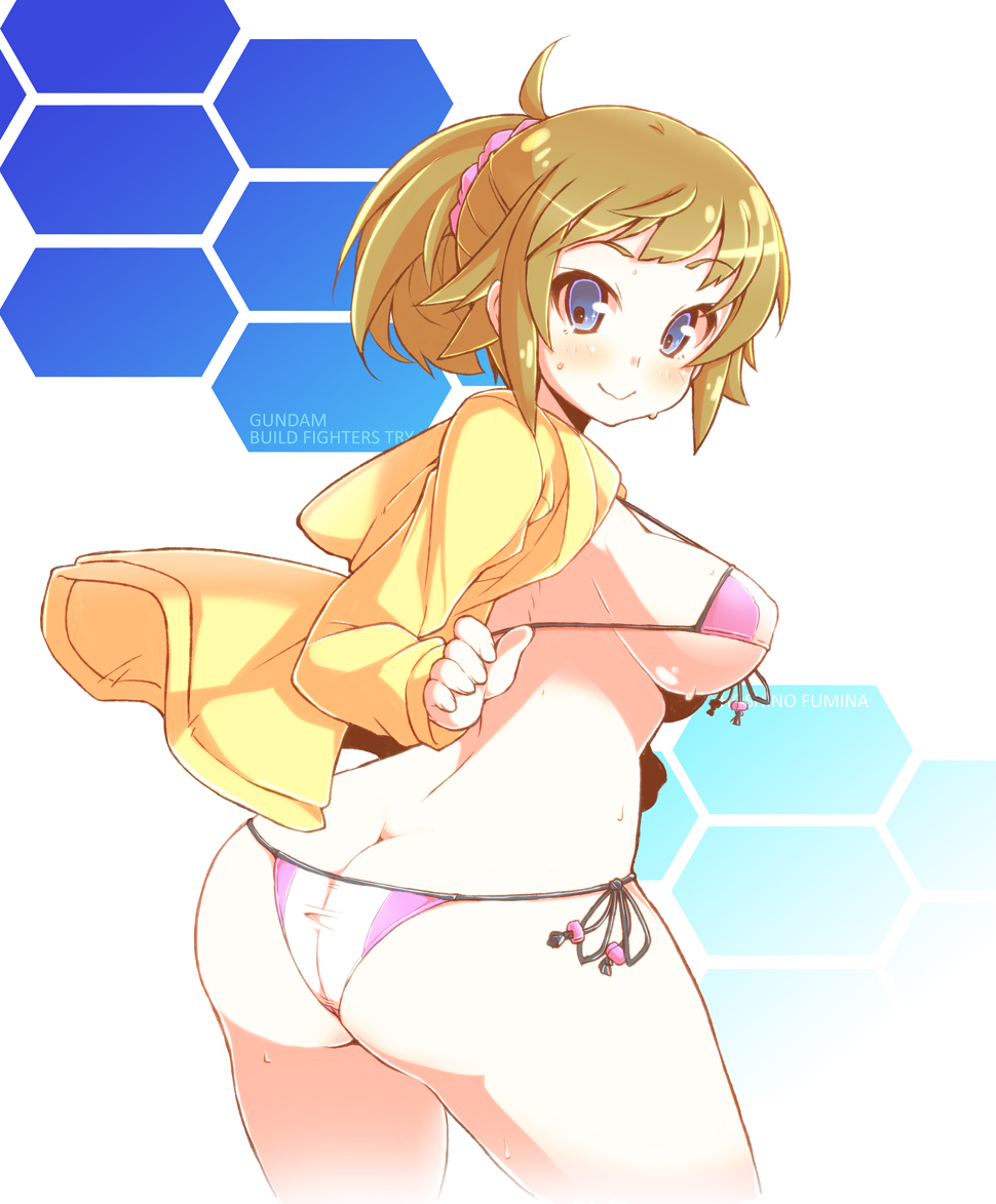 1girl ass bikini blue_eyes blush breasts brown_hair butt_crack crazy_developers gundam gundam_build_fighters gundam_build_fighters_try hoshino_fumina jacket large_breasts looking_back payot ponytail scrunchie side-tie_bikini sideboob smile solo swimsuit under_boob