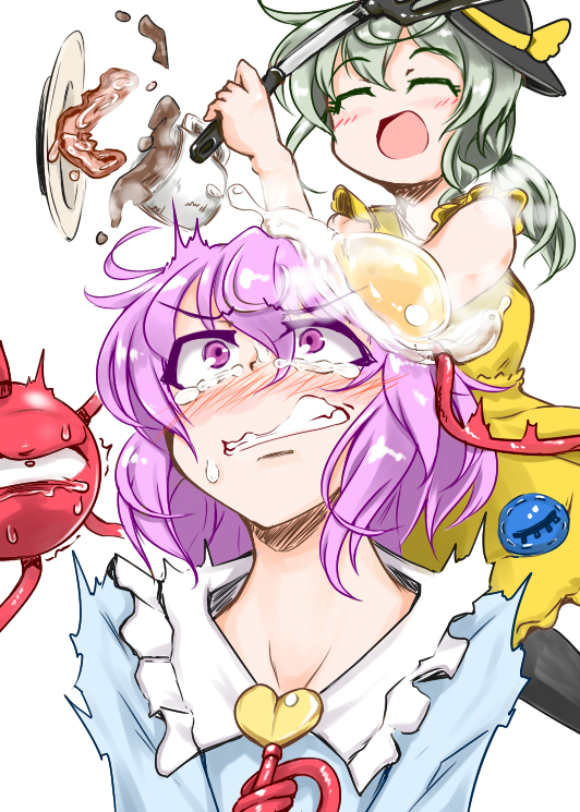 /\/\/\ 2girls :d ^_^ angry bacon blush breakfast clenched_teeth closed_eyes coffee constricted_pupils egg food food_on_head green_hair komeiji_koishi komeiji_satori multiple_girls narrowed_eyes object_on_head open_mouth pandain purple_hair rage_face siblings sisters smile spatula spilling sunny_side_up_egg tears third_eye touhou trembling violet_eyes