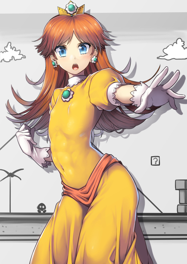 1girl blue_eyes breasts brown_hair covered_navel crown dress earrings flat_chest gloves jewelry long_hair looking_at_viewer super_mario_bros. nagase_haruhito open_mouth outstretched_arm outstretched_hand princess_daisy puffy_short_sleeves puffy_sleeves short_sleeves skin_tight super_mario_bros. super_mario_land tiara white_gloves yellow_dress