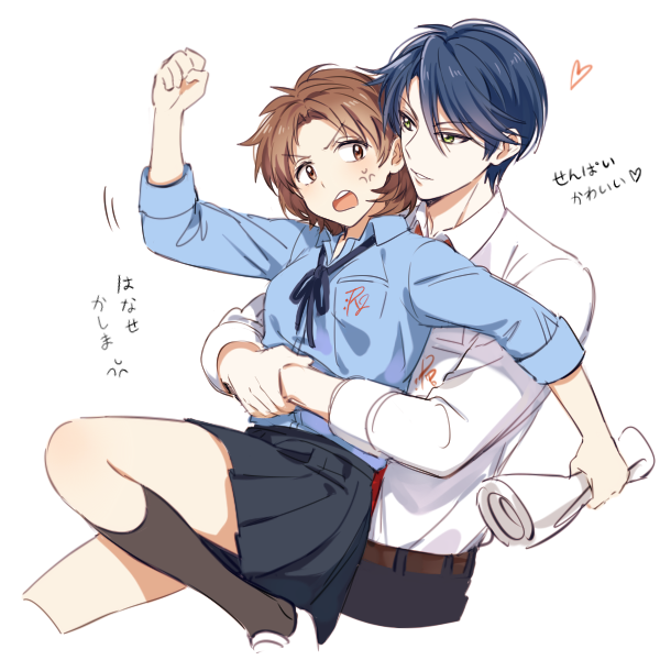 1boy 1girl anger_vein apfl0515 blue_hair brown_hair gekkan_shoujo_nozaki-kun genderswap hori_masayuki hug hug_from_behind kashima_yuu necktie school_uniform short_hair