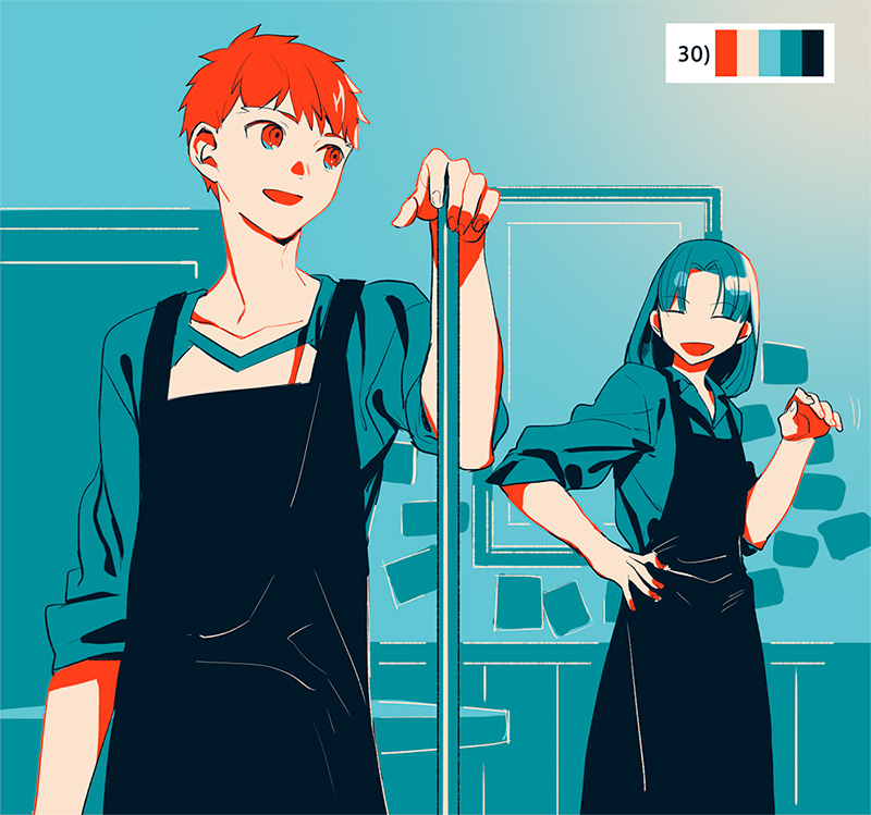 1boy 1girl apron emiya_shirou fate/stay_night fate_(series) hotaruzuka_otoko limited_palette tam_(cuq)