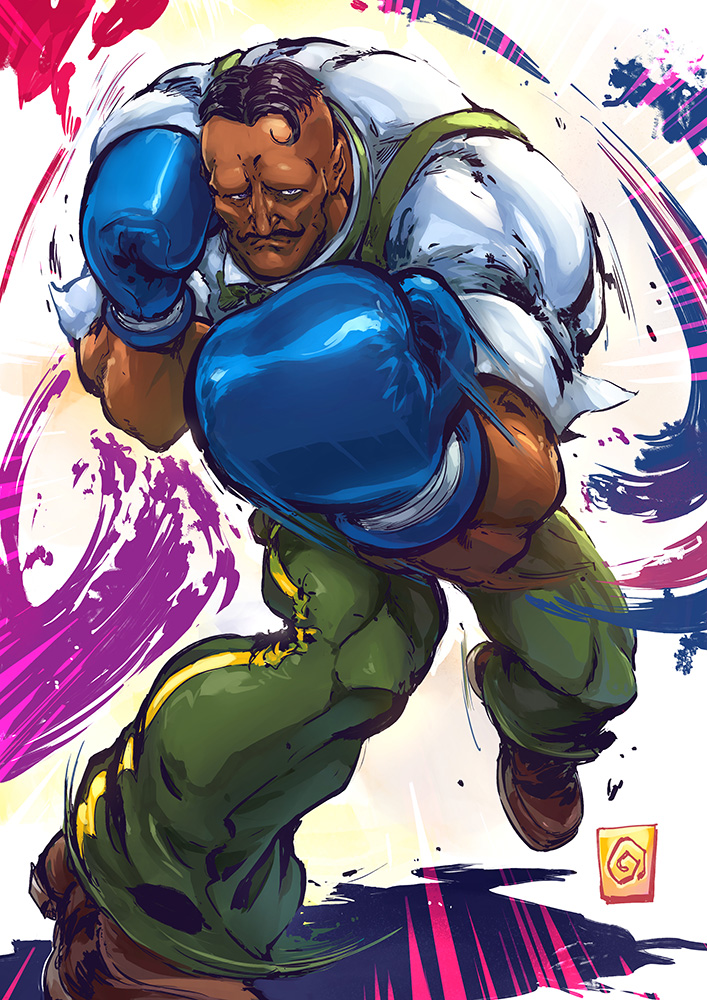 1boy bowtie boxing boxing_gloves dark_skin dress_shirt dudley facial_hair fighting_stance manos_lagouvardos motion_blur muscle mustache shirt solo street_fighter street_fighter_iii suspenders