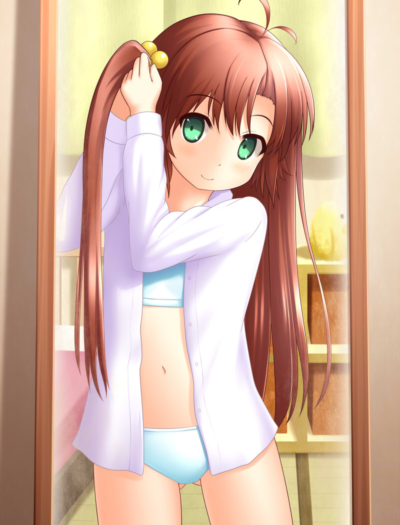 1girl adjusting_hair antenna_hair blush bra brown_hair green_eyes hair_bobbles hair_ornament kazumi_(syoki4230) koshigaya_komari long_hair looking_at_viewer mirror non_non_biyori open_clothes open_shirt panties smile solo underwear