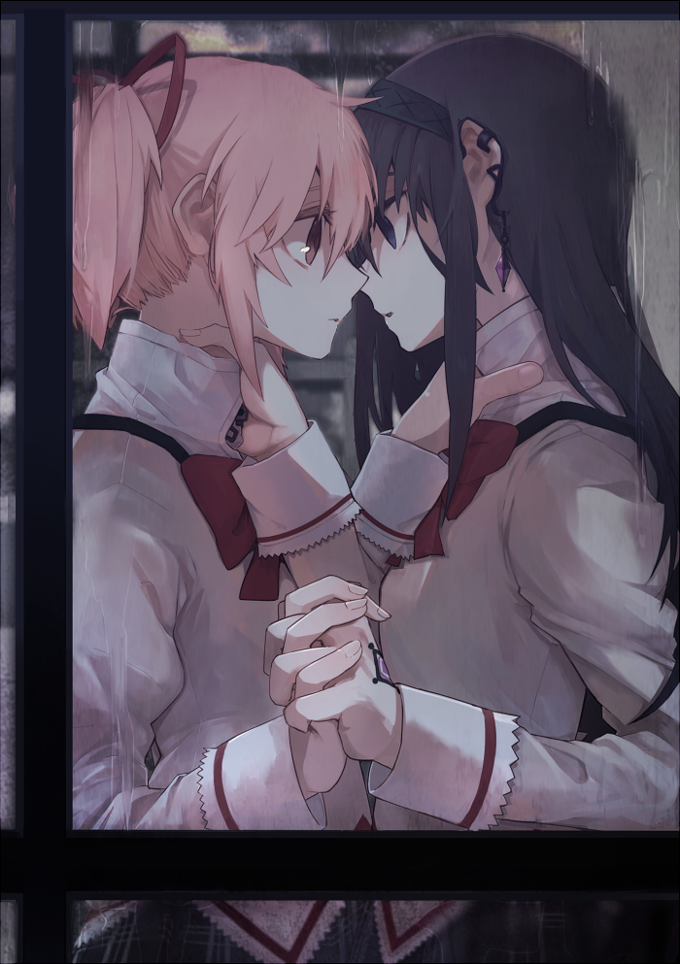 2girls akemi_homura black_hair hair_ribbon hairband hand_on_another's_neck hanyae holding_hands kaname_madoka long_hair mahou_shoujo_madoka_magica mahou_shoujo_madoka_magica_movie multiple_girls pink_eyes pink_hair ribbon school_uniform short_twintails twintails violet_eyes window