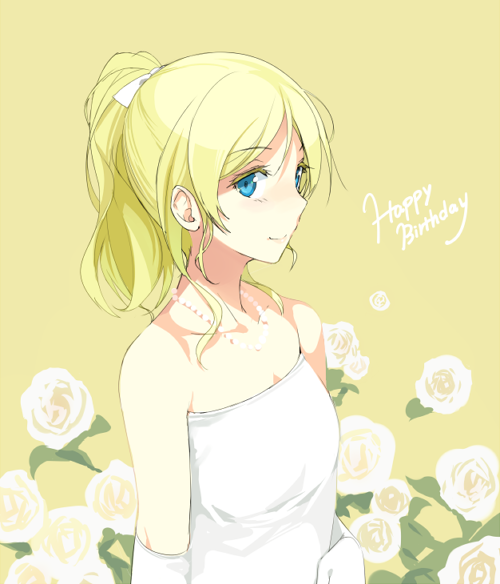 1girl ayase_eli bare_shoulders blonde_hair blue_eyes dress flower gloves hair_ribbon hand_on_own_stomach happy_birthday jewelry light_smile love_live!_school_idol_project necklace ponytail ribbon sasamori_tomoe side solo white_dress white_gloves