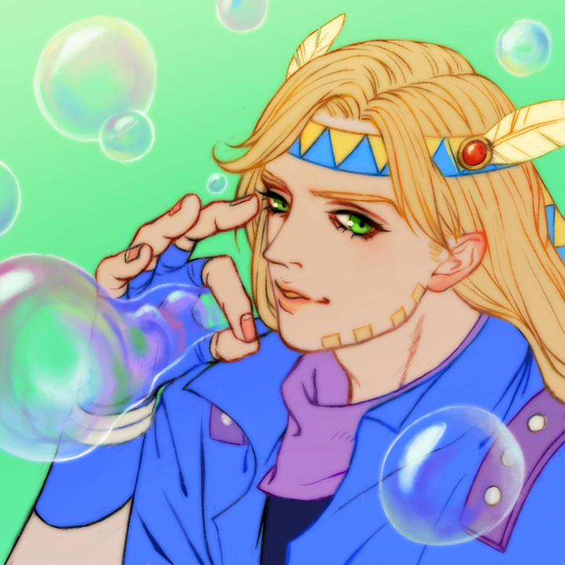 1boy beard blonde_hair blue_jacket bubble_blowing bubble_pipe caesar_anthonio_zeppeli facial_hair feathers fingerless_gloves fusion gloves green_eyes gyro_zeppeli hair_feathers headband jacket jojo_no_kimyou_na_bouken long_hair rin_(louis_m) solo steel_ball_run