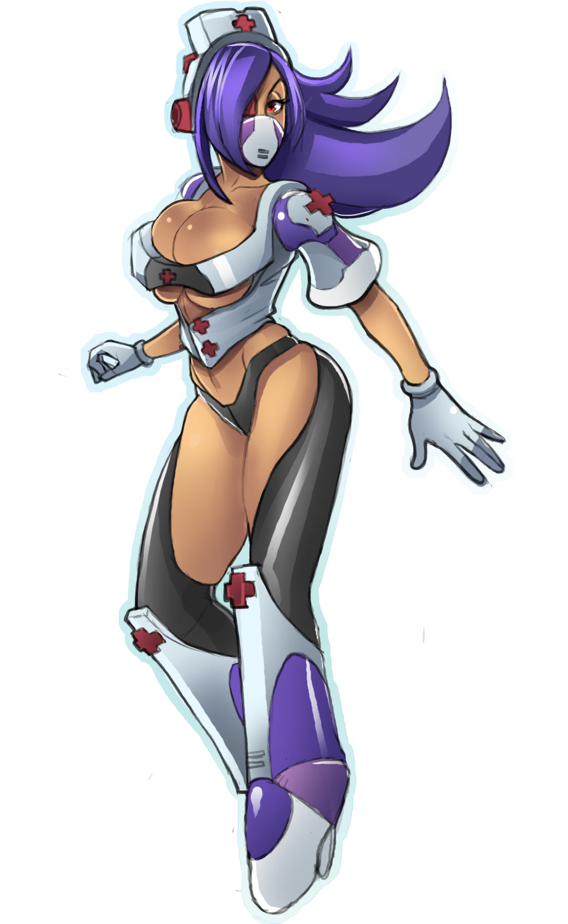 +_+ 1girl blue_hair boots breasts chaps character_request cleavage dark_skin eyelashes eyepatch eyeshadow fusion g138 gloves hair_over_one_eye hat hexafusion highres knee_boots large_breasts layer long_hair makeup mask nurse_cap puffy_sleeves purple_hair red_cross red_eyes rockman rockman_x shiny skullgirls solo surgical_mask under_boob valentine_(skullgirls) white_background white_gloves