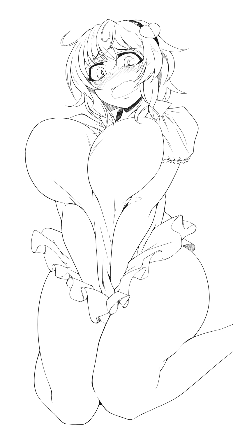 1girl ahoge blouse blush bottomless breasts curvy d: hairband highres huge_breasts impossible_clothes komeiji_satori monochrome naked_shirt open_mouth pandain short_hair sitting sketch solo tears thick_thighs thighs touhou wariza wide_hips