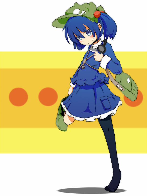 1girl bag black_legwear blue_eyes blue_hair blush boots boots_removed dress frilled_skirt frills hair_bobbles hair_ornament hat headphones headphones_around_neck hizakozouzu kawashiro_nitori key leg_up long_sleeves looking_at_viewer pocket rubber_boots shirt short_hair short_twintails skirt skirt_set smile solo thigh-highs touhou twintails