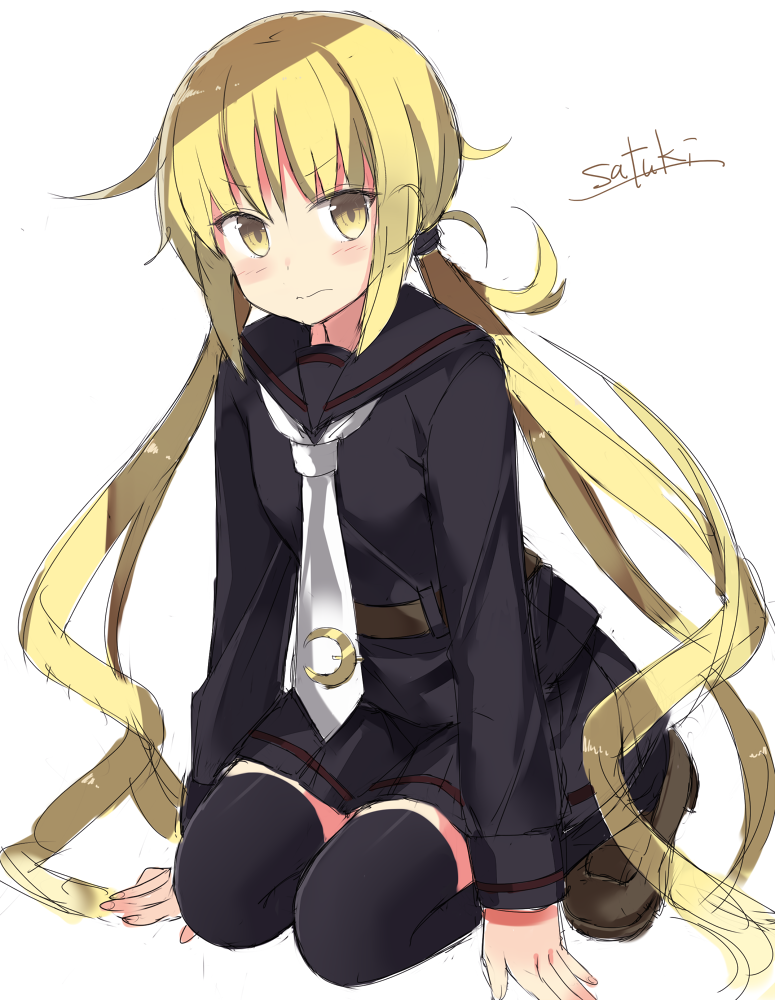 1girl 501092-taka arm_support black_legwear black_skirt blonde_hair blouse blush crescent kantai_collection kneeling long_sleeves looking_at_viewer low_twintails neckerchief pleated_skirt sailor_collar satsuki_(kantai_collection) school_uniform serafuku simple_background skirt solo thigh-highs twintails white_background yellow_eyes