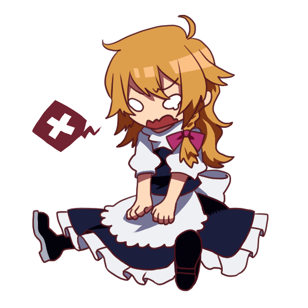 1girl ahoge angry blank_eyes bow braid chibi clenched_hands hair_bow hands_on_lap hosomitimiti kirisame_marisa light_brown_hair long_hair no_hat open_mouth shoes side_braid sitting skirt solo speech_bubble teardrop touhou turtleneck vest wavy_mouth