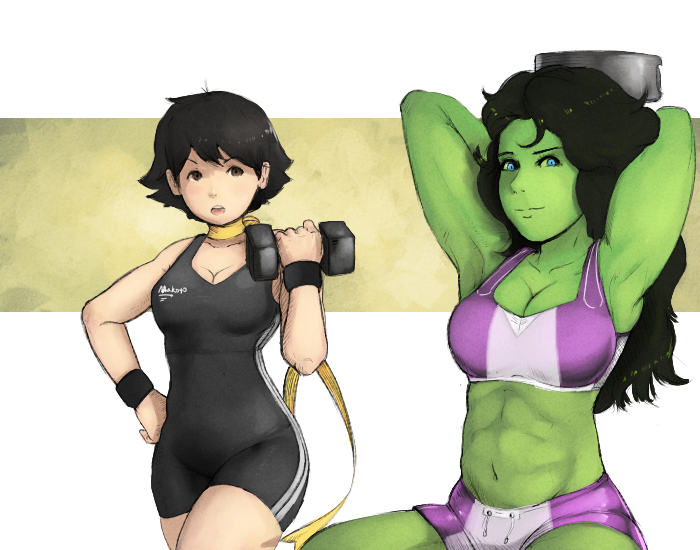 2girls 34no404 abs armpits arms_behind_head black_hair blue_eyes breasts brown_eyes choker cleavage crop_top crossover dumbbell exercise female green_skin hand_on_hip long_hair makoto_(street_fighter) marvel midriff multiple_girls navel ribbon_choker she-hulk short_hair shorts smile street_fighter unitard wristband