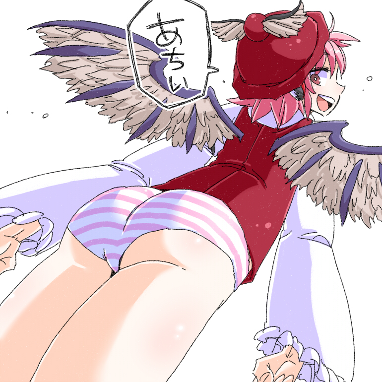 1girl aono3 ass brown_eyes dutch_angle from_behind hat long_sleeves looking_back mystia_lorelei no_pants panties pink_hair pink_panties simple_background solo striped striped_panties touhou translated underwear white_background wings