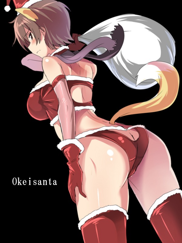 1girl animal_ears ass bag bare_shoulders black_background breasts brown_eyes brown_hair elbow_gloves fox_ears fox_tail from_behind gloves hat katou_keiko large_breasts looking_at_viewer looking_back midriff panties sack santa_costume santa_hat scarf short_hair solo strike_witches tail thigh-highs ulrich_(tagaragakuin) underwear