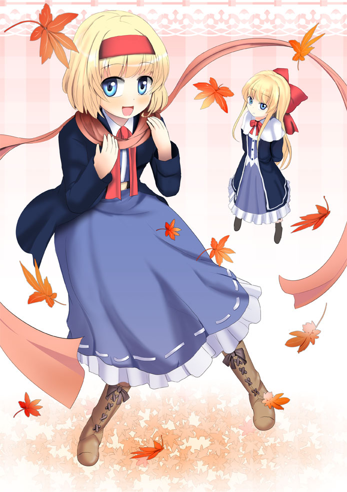 1girl a_(aaaaaaaaaaw) alice_margatroid arms_behind_back autumn_leaves belt blonde_hair blue_dress blue_eyes boots bow capelet coat dress hair_bow hairband jacket long_sleeves open_clothes open_coat open_jacket open_mouth scarf shanghai_doll shirt skirt smile touhou