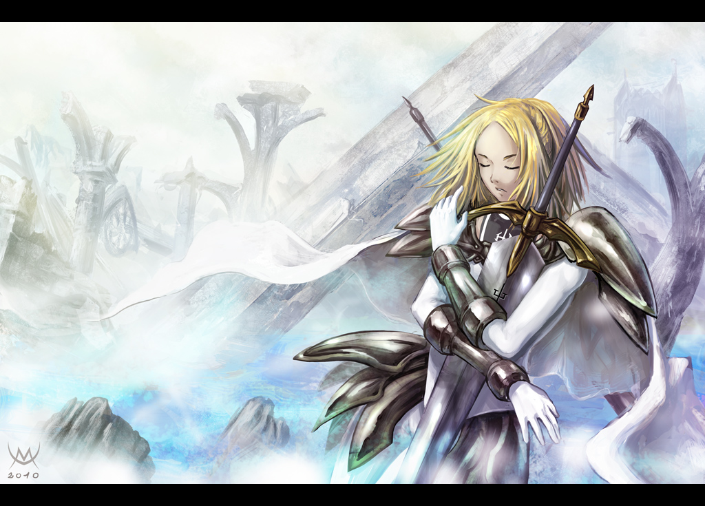 1girl 2010 blonde_hair bodysuit cape claymore claymore_(sword) closed_eyes cowboy_shot faulds gloves letterboxed maxa' miria object_hug over_shoulder pillar ruins shoulder_pads solo sword sword_over_shoulder vambraces weapon weapon_over_shoulder white