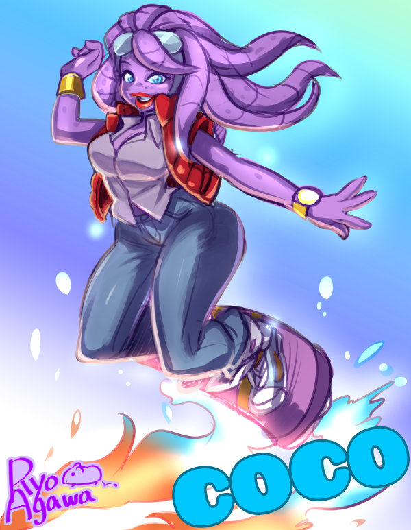 1girl agawa_ryou alien awesomenauts back_to_the_future blue_eyes bracelet breasts cleavage coco_nebulon cosplay denim hover_board jeans jewelry lips lipstick long_hair makeup marty_mcfly_(cosplay) pants purple_hair purple_skin shoes sneakers solo sunglasses sunglasses_on_head tentacle_hair vest watch watch