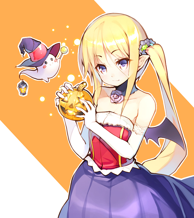 1girl bare_shoulders blonde_hair blue_eyes candy dress elbow_gloves ghost gloves hair_ornament halloween hat jack-o'-lantern lantern long_hair looking_at_viewer nekomu original pointy_ears pumpkin scrunchie side_ponytail simple_background smile trick_or_treat white_gloves wings witch_hat