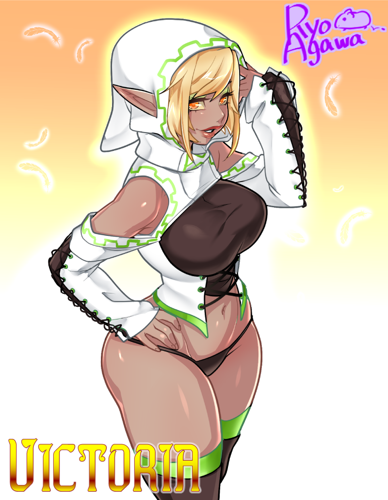 1girl agawa_ryou artist_name bare_shoulders blonde_hair boots borrowed_character breasts character_name dark_elf dark_skin detached_sleeves elf eyeshadow front-tie_top green_legwear hand_on_hip hood large_breasts lips lipstick makeup navel original pointy_ears red_eyes short_hair slender_waist solo thigh-highs thigh_boots yellow_sclera