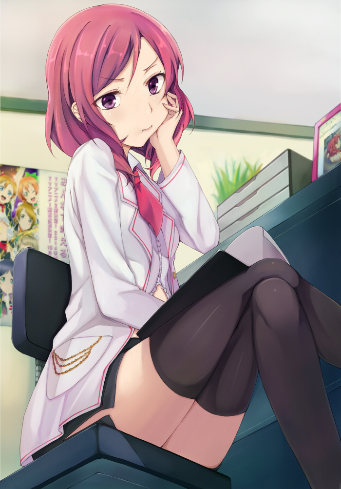 &gt;:t 1girl ascot chair chin_rest crossed_legs from_below kalian love_live!_school_idol_project nishikino_maki poster pout reading redhead short_hair sitting skirt tablet thigh-highs violet_eyes