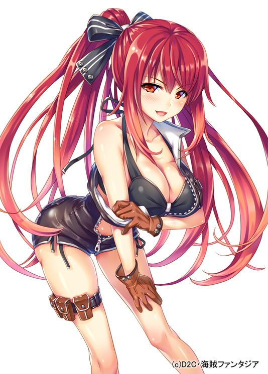 1girl blush breasts brown_eyes brown_hair cleavage gloves hair_ribbon large_breasts leaning_forward long_hair naughty_face official_art otosume_ruiko ponytail ribbon shaberu!_kaizoku_fantasia smile solo thigh_pouch very_long_hair