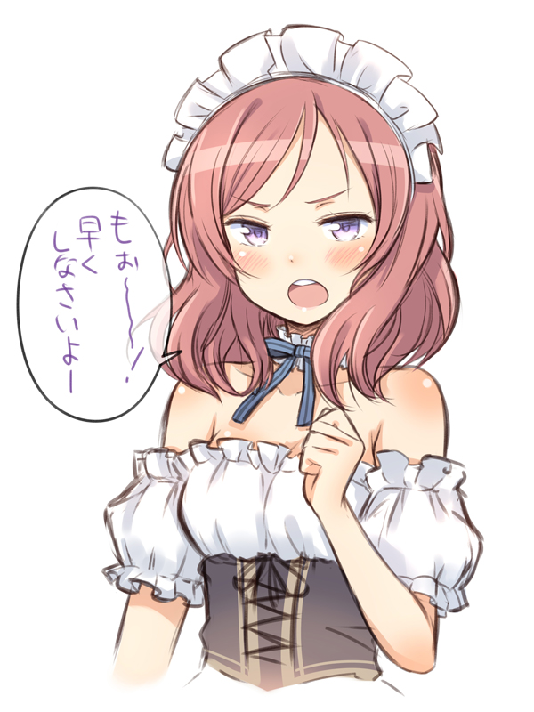 1girl bangs bare_shoulders blush bust corset detached_collar detached_sleeves kuinji_51go looking_at_viewer love_live!_school_idol_project maid maid_headdress neck_ribbon nishikino_maki open_mouth parted_bangs redhead ribbon short_hair solo speech_bubble strapless translation_request violet_eyes white_background