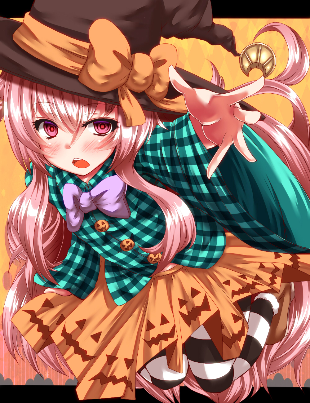 1girl adapted_costume blush bow bubble_skirt commentary_request hat hat_bow hata_no_kokoro highres jack-o'-lantern long_hair long_sleeves open_mouth pantyhose pink_eyes pink_hair shirt skirt solo striped striped_legwear touhou very_long_hair wide_sleeves witch_hat zan_(harukahime)