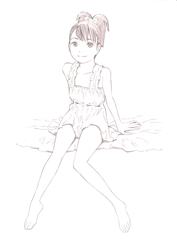 1girl barefoot dress monochrome original short_hair sketch solo traditional_media yoshitomi_akihito